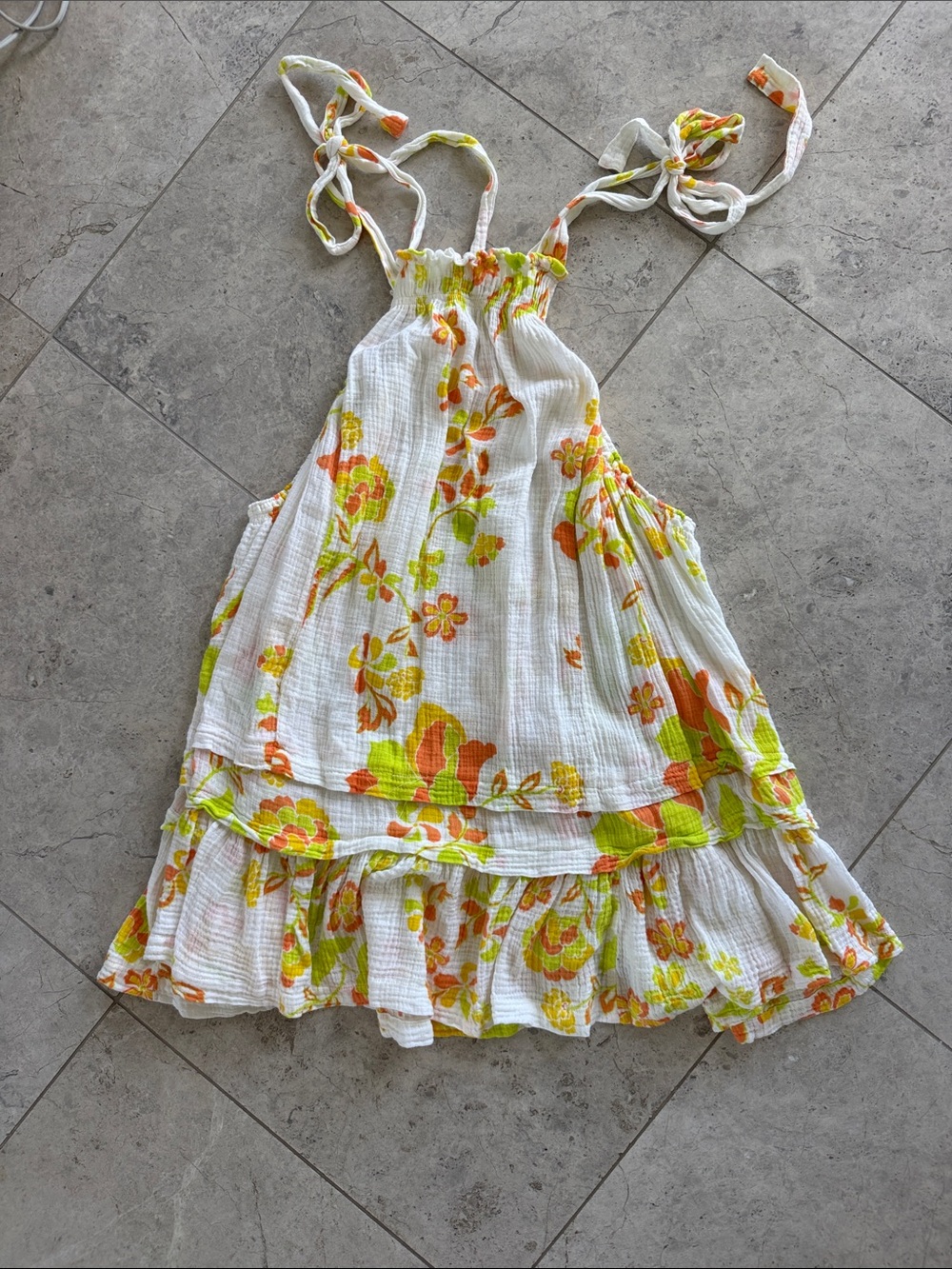 Free People White Floral Tie-Strap Swim Coverup with Orange and Lime Print